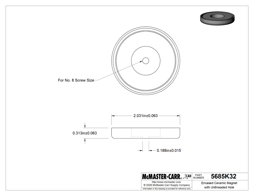 Technical Drawing of Encased Ceramic Magnet with Unthreaded Hole, Zinc-Plated Steel Case, 5/16" Thick, 2-1/32" OD.